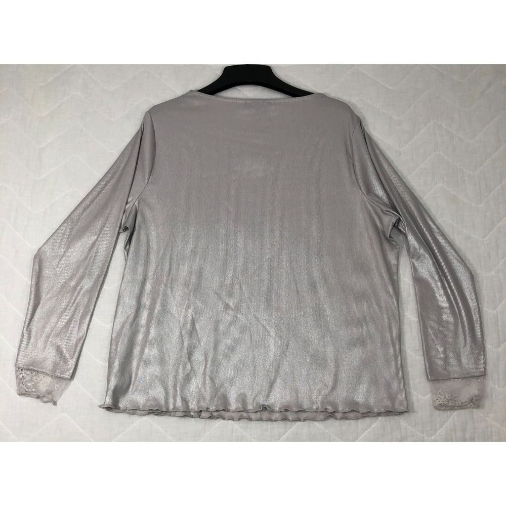 Jessica Simpson Blouse Women's Size 2X Silver Grey Metallic Lace Trim Ribbed Top - Picture 7 of 12